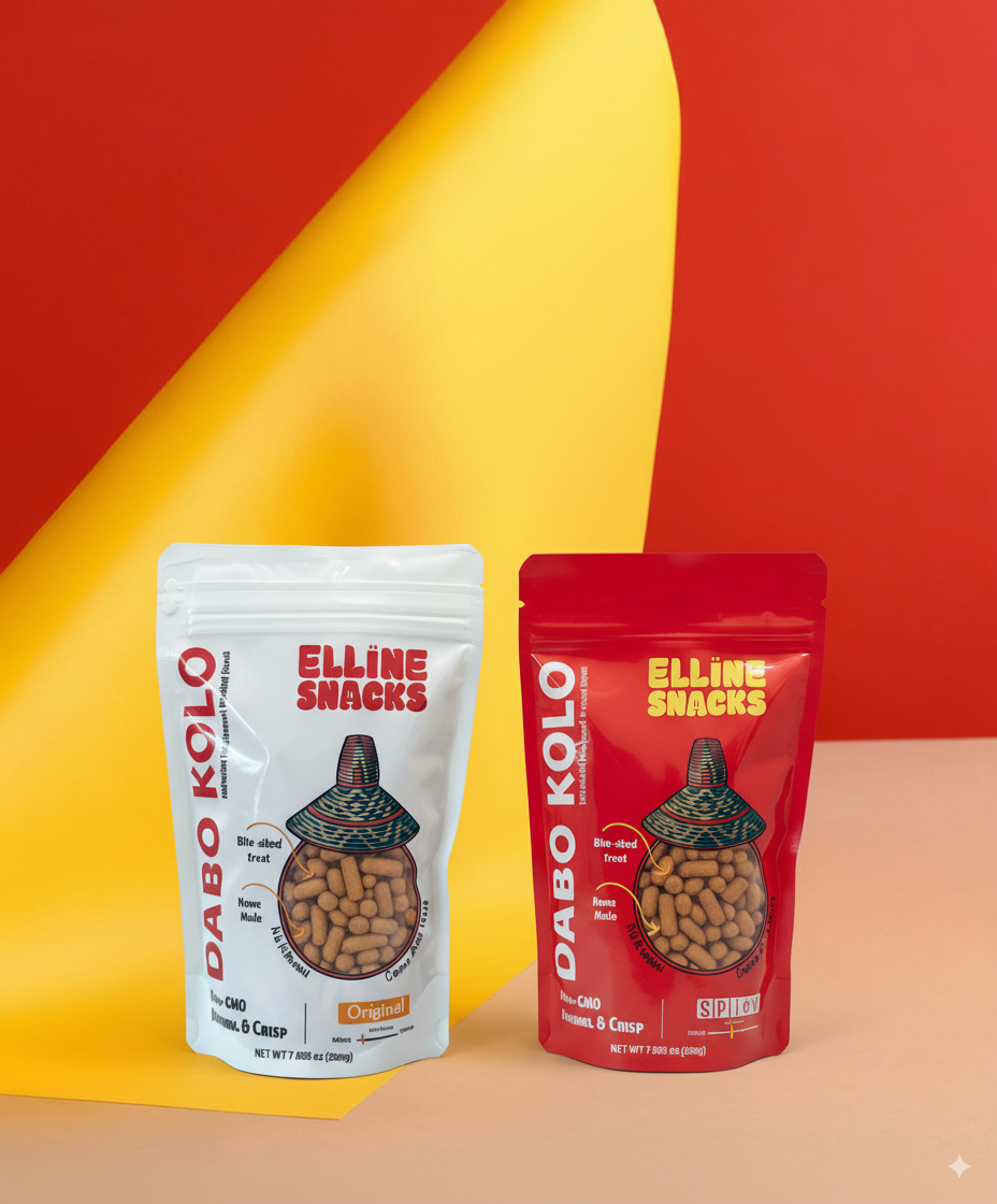 Two Dabo Kolo Elline Snacks packages on a colorful background